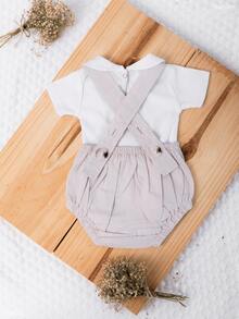 Baby Clothes Set: Gingham Checkered Overalls, 100% Cotton Suedine, Luxury Baby Boy/Girl Romper, Boy Collar, 1 To 9 Months - 米色 - 查看 5