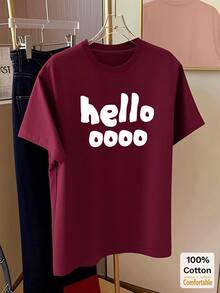Red English Letter Print Short Sleeve Mid-Length T-Shirt, Stylish Hello Letter Graphic Round Neck Top For Women Casual Summer - Burgundy - View 2