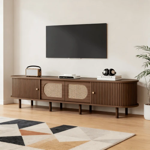 180 X 40 X 40 Cm Oval TV Cabinet, Dark Walnut Color, Rattan Design, Double Cabinet Doors, Double Sliding Doors, TV Cabinet, Low Cabinet, Living Room Cabinet, MDF, For 80-Inch TVs And Smaller