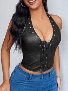 Apperloth A Áo camisole corset cổ chữ V sâu gợi cảm bằng da PU dập nổi dành cho nữ, thiết kế thắt dây hình tạ phía trước và sau, kiểu dáng vintage, phù hợp cho các lễ hội âm nhạc, buổi hòa nhạc đồng quê, trang phục ngoài trời, màu đen casual mùa hè. - màu đen - Xem 3