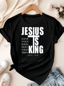 Black T Shirt Jesus Is King Bible Verse John 146 Christian Faith Statement For Women Casual Wear Daily Outfit Church Attire - 黑色 - 查看 2
