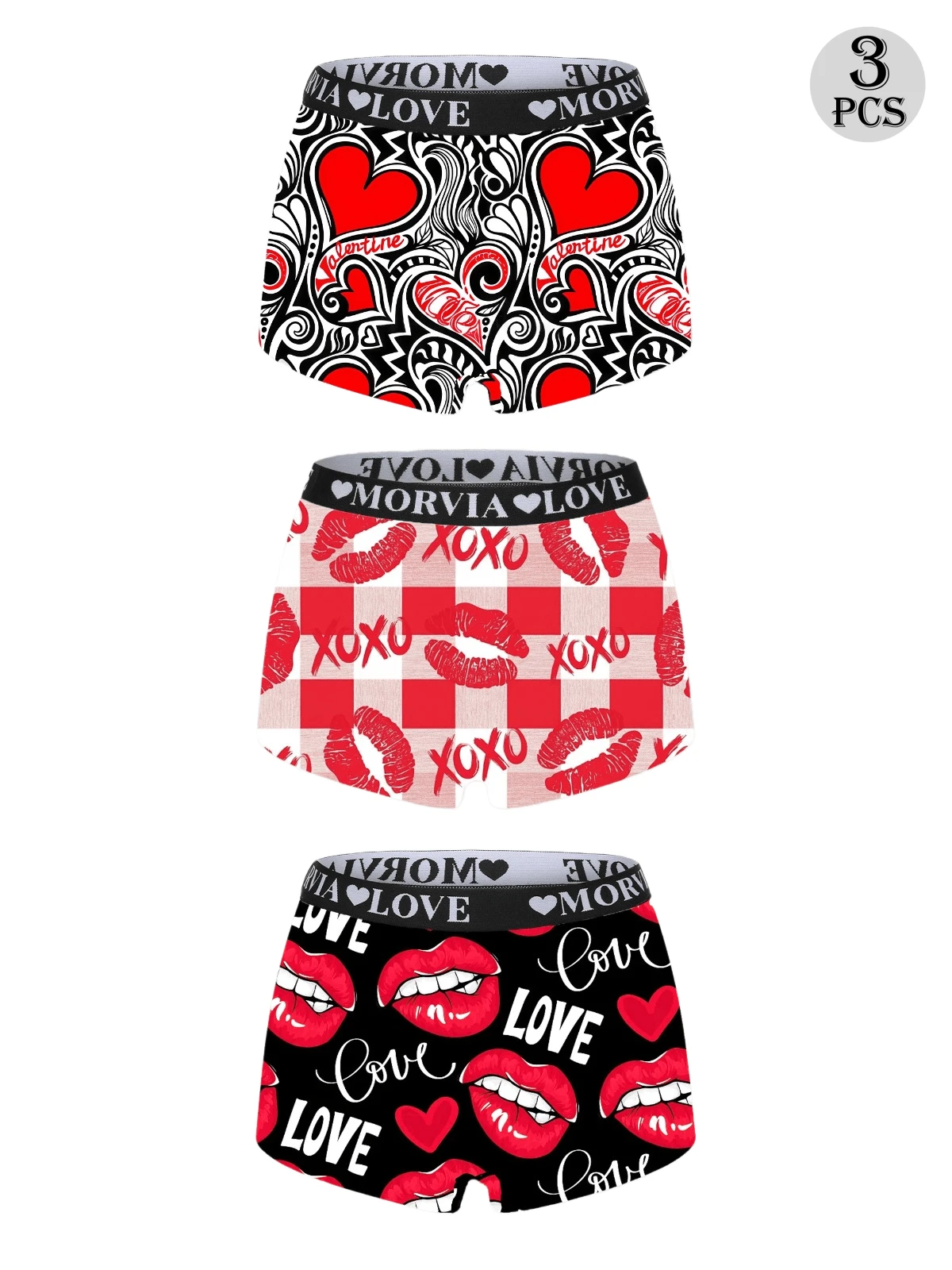 Dircho 3条装女士心形和玫瑰嘴唇印花撞色包边平角内裤，舒适柔软丝滑弹力腰带贴身内裤，女士内衣裤 - 彩色 - 查看 1