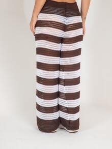 Striped Knit Pantaloons Beach Cover-Up Pants With Ties, Summer Fashion - 深棕色 - 查看 4