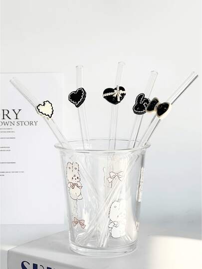 Cartoon Rabbit, Heart, Bow Tie Shaped Glass Straws, Transparent Smoothie, Bubble Tea, Juice, Milk, Cocktail, Cold Drink Party Colorful Cartoon Rabbit, Heart, Bow Tie Bent Glass Straws, Reusable