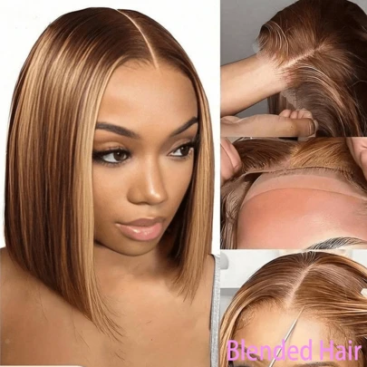 MECRY 混合发无胶蕾丝前假发 13*4 13*6 5*5 高清蕾丝前假发 200% 密度 4/27 彩色预拔毛带婴儿发波波头挑染渐变蕾丝前假发 混合人发前额假发 8-34 英寸 蜂蜜色蕾丝前假发 混合人发前额假发