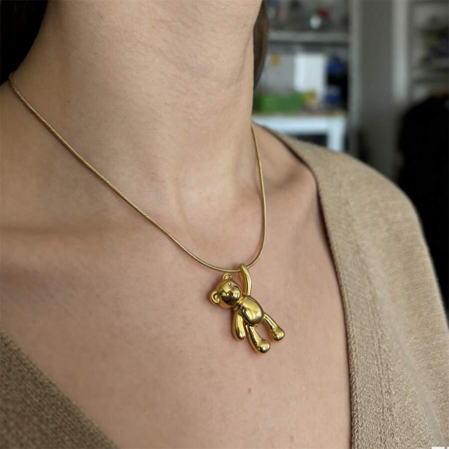 1件可爱卡通3D光滑小熊吊坠项链，不锈钢百搭饰品 - 小熊 - 查看 1