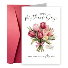 1张梦幻郁金香母亲节/生日爱心贺卡 - “母亲节快乐”，粉色和黄色郁金香图案，可定制“我爱你”信息，送给妈妈的完美礼物，生日及特殊场合适用，母亲节贺卡 | 梦幻设计 | 优雅字体，母亲节礼物 - 套裝 - 查看 2