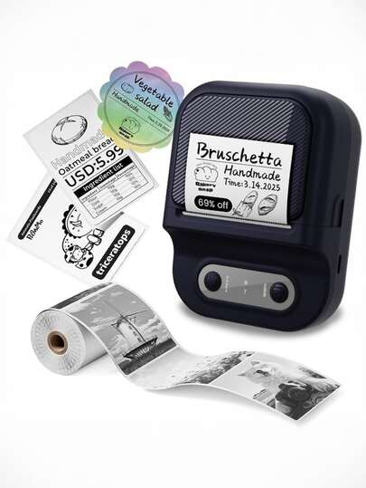 1台便携式热敏标签打印机，无线条码打印机，无线连接，小巧轻便，黑白打印，适合旅行携带，可与平板电脑、记事本、咖啡笔记等配合使用，配备1300mAh大容量电池，适用于家庭、办公室、书房等场所，也是生日和节日送给家人朋友的贴心礼物。