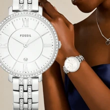 Fossil Women's Watch ES3545 Stainless Steel Bracelet, Crystal Bezel, White Dial With Roman Numerals, Minimalist Quartz Wristwatch, Date Display, Elegant Dress Watch, Perfect Birthday & Mother's Day Gift - Silver - View 3