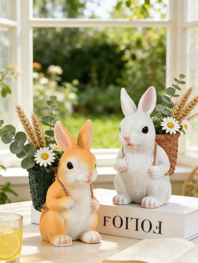 Rabbit Decorations, Rabbit Figurines, Rabbits Carrying Flower Baskets, Chinese New Year Rabbit Decorative Sculptures, Potted Planters/Containers, Flower Pots Suitable For Patio/Tabletop Decorations.