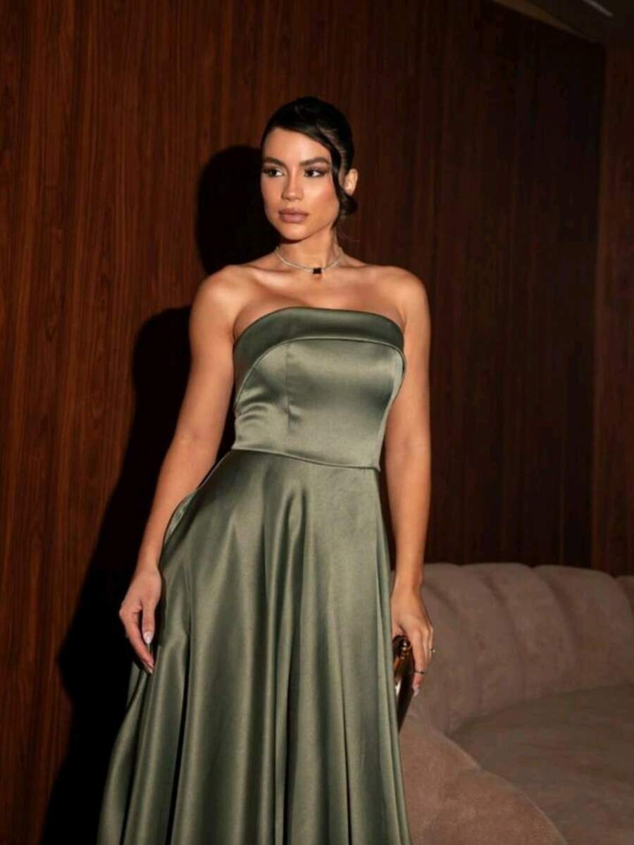 Long Strapless Dress For Graduation, Party, Wedding, Evening - Verde Oliva - Ver 1