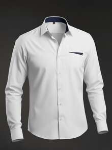 Men's Long-Sleeved Dress Shirt With Elastane - Ready To Ship - Premium Elegant Shirt For Church, Work, Office, Or Parties - 白色 - 查看 5