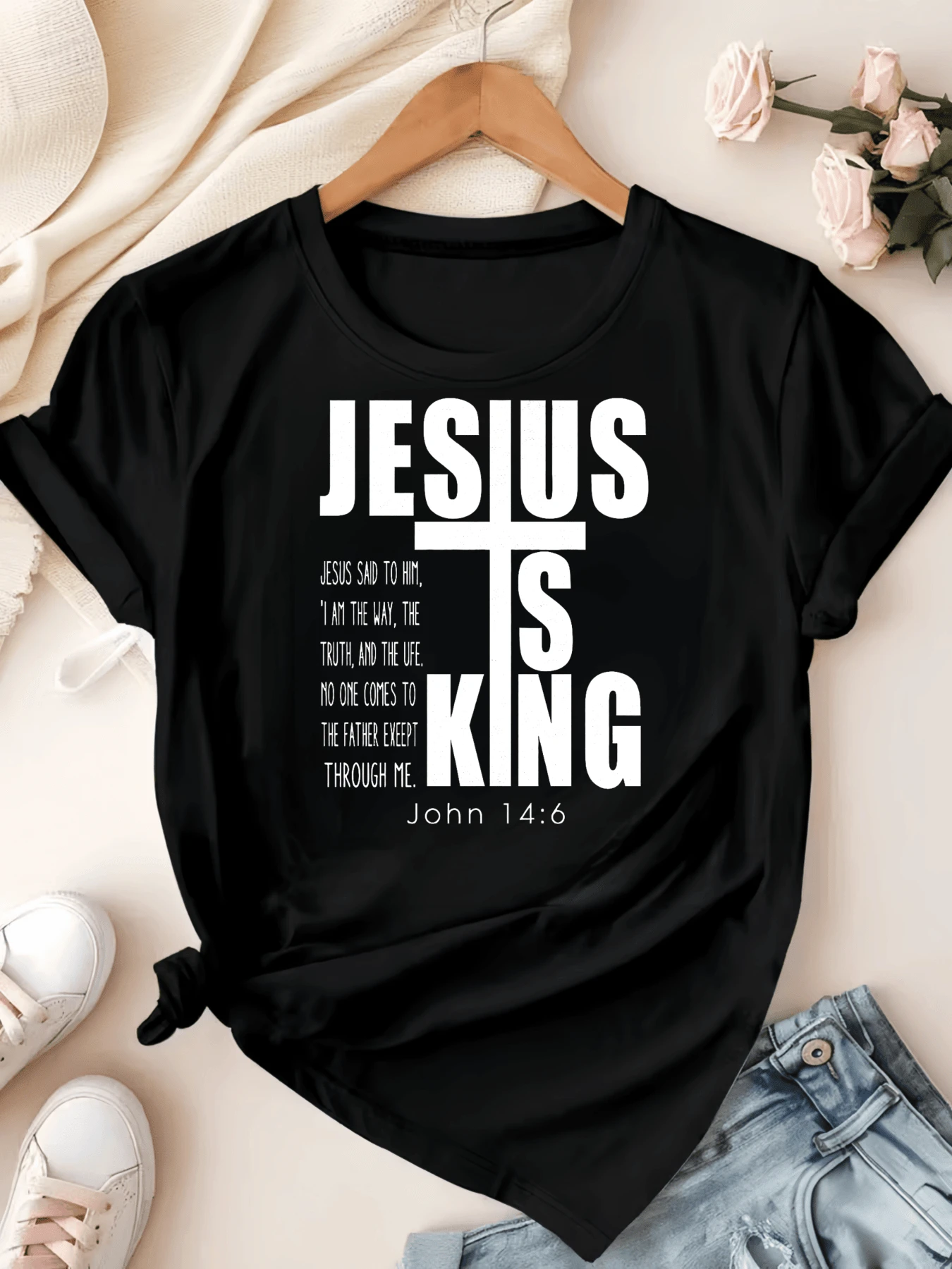 Black T Shirt Jesus Is King Bible Verse John 146 Christian Faith Statement For Women Casual Wear Daily Outfit Church Attire - 黑色 - 查看 1