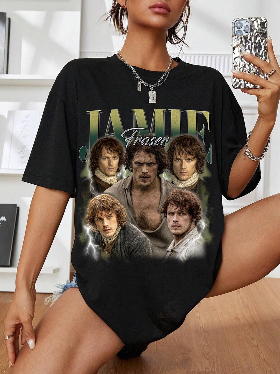 Retro Jamie Fraser T-Shirt, Jamie Fraser Hoodie, Jamie Fraser Sweatshirt, Jamie Fraser Rock-Style Bootleg T-Shirt - Black - View 1