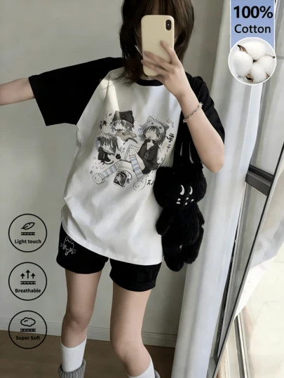 Y2K Cute Style Anime Character Print Contrast Color Raglan T-Shirt, Women Loose Casual White Top Summer