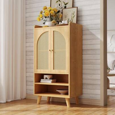 Rattan Dining Room Cabinet With Two Rattan Doors And Two Open Compartments, Offering Ample Storage Space. Tall Wooden Cabinet, Multifunctional, Ideal For The Hallway, Living Room, Or Kitchen. Dimensions: W 60 * D 40 * H 121 Cm