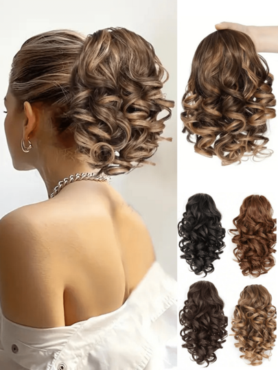 12-Inch Synthetic Fiber Wavy Ponytail Hairpiece, Natural Looking Clip-On Short Ponytail Wig, Fashion Hair Accessory, Elegant Hair Clip, Suitable For Autumn And Winter