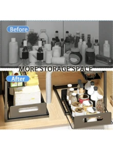 Pull-Out Under Sink Storage Rack, Double-Layer Sliding Organizer Rack, Multi-Functional Under Sink Storage Rack Suitable For Kitchen And Bathroom, Space-Saving, Expandable Design, Easy To Clean, Applicable To Bathroom/Kitchen/Laundry Room, Tidy Home, Color: Black - Multicolor - View 8