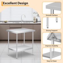 Beaully 2-Tier Stainless Steel Work Table, Heavy Duty Commercial Food Prep Table, Kitchen Utility Workstation With Rags And Gloves, For Restaurant, Hotel, Laundry, Garage, Indoor, Outdoor, BBQ - No Wheels 24*24*35in - View 3