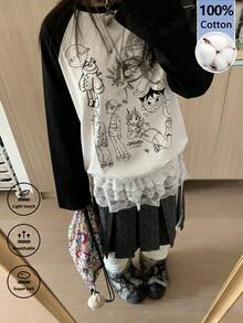 可爱卡通涂鸦印花插肩袖T恤，女士Y2K美学春季宽松休闲T恤 - 白色 - 查看 1