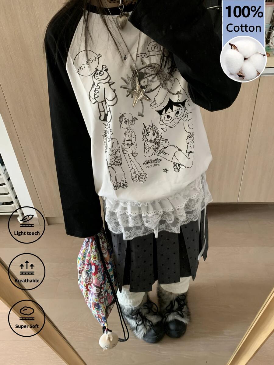 可爱卡通涂鸦印花插肩袖T恤，女士Y2K美学春季宽松休闲T恤 - 白色 - 查看 1