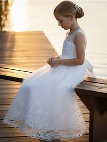 Tween Girl High-End Embroidered Sequin Sleeveless Flower Girl Wedding Dress, Puffy Birthday Wedding Party Princess Gown - White - View 9