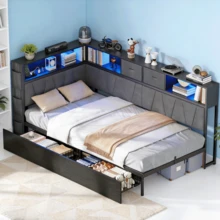 CollaredEagle Twin Corner Bed Frame With Storage Bookcase, Bed Unit With Charging Station And LED Light, Twin Size Platform Beds With Storage And Charging Station, With 2 Underneath Storage Drawers, Gray - Xem 1