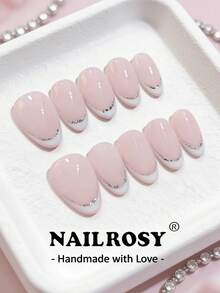 nailrosy 10片装手工美甲贴片套装，杏仁粉色银色蝴蝶仿珍珠猫眼优雅简约复古日系现代韩系清新设计别致法式中性经典创意亮面闪亮渐变色美甲贴片 - 白色 - 查看 2