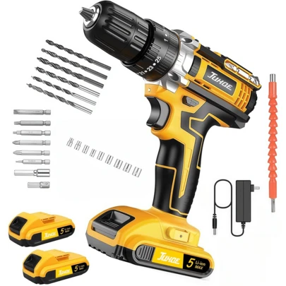 Taladro Inalámbrico Atornillador Con 2 Batería De Litio,Juego de taladro inalámbrico Llave de tuercas eléctrica,Viene con una variedad de accesorios.25 configuraciones de torque,velocidad variable de 0-1650 RPM