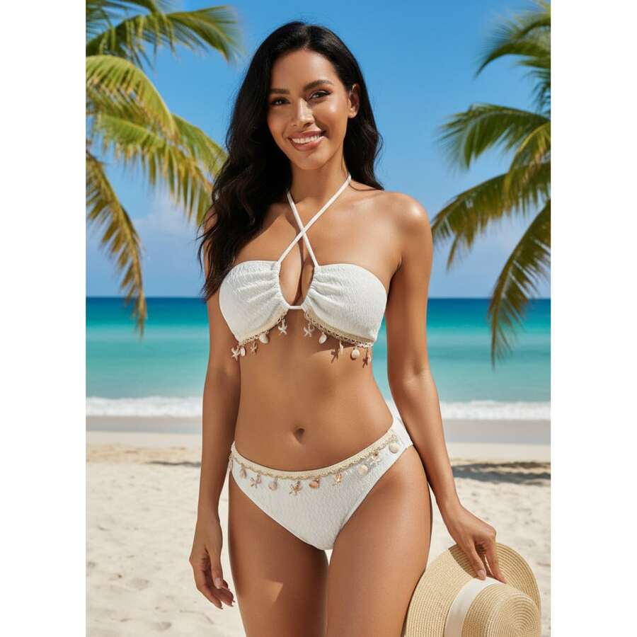 Women's Halter Bikini Swimsuit - Textured Bandeau Two Piece Bathing Suit With Shell & Starfish Detail, Beach Pool Summer Vacation Swimwear - 多色400 - 查看 1