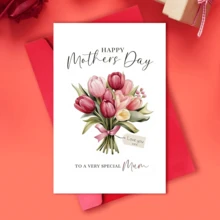 1张梦幻郁金香母亲节/生日爱心贺卡 - “母亲节快乐”，粉色和黄色郁金香图案，可定制“我爱你”信息，送给妈妈的完美礼物，生日及特殊场合适用，母亲节贺卡 | 梦幻设计 | 优雅字体，母亲节礼物 - 套裝 - 查看 1