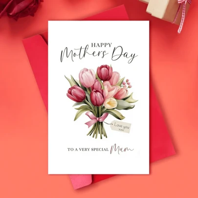 1 stuk speelse Moederdag- en verjaardagskaart met tulpen - "Fijne Moederdag" met roze en gele tulpen, gepersonaliseerde "Ik hou van je"-boodschap, perfect cadeau voor moeders, verjaardagen en speciale gelegenheden, Moederdagkaart | Speels ontwerp | Elegant lettertype, Moederdagcadeaus