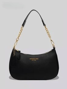 2025 New Fashion Classic Versatile Letter Graphic Design Solid Color PU Leather Crescent Shoulder/Underarm Bag, Y2K Shoulder/Underarm Bag, Suitable For Shopping, Can Be Worn Crossbody - 黑色 - 查看 10