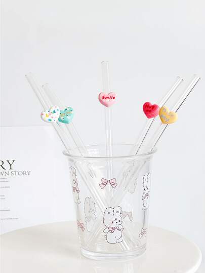 Cartoon Heart-Shaped Glass Straw, Transparent Smoothie, Milk Tea, Juice, Milk, Cocktail, Cold Drink Party Colored Cartoon Heart-Shaped Bent Glass Straw, Reusable