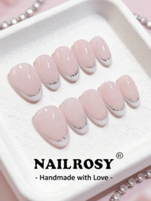 nailrosy 10片装手工美甲贴片套装，杏仁粉色银色蝴蝶仿珍珠猫眼优雅简约复古日系现代韩系清新设计别致法式中性经典创意亮面闪亮渐变色美甲贴片 - 白色 - 查看 10