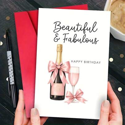 1 pieza Tarjeta elegante "Hermosa y encantadora" con lazo de color champán y rosa - Tarjeta de cumpleaños con elegantes deseos de cumpleaños para mujeres, adecuada para celebraciones de hitos u ocasiones especiales, tarjeta de celebración | Diseño elegante | Elementos decorativos