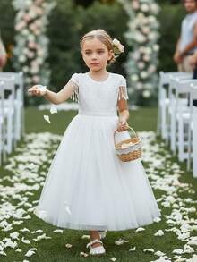 Vestido sin espalda con encaje, contraste de malla y flecos para niñas preadolescentes, para bodas, fiestas y eventos - Blanco - Ver 5