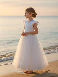 Vestido de princesa de manga de campana, espalda descubierta, con detalles de perlas y lazo desmontable de tul, adecuado para adolescentes, damas de honor, baile de graduación y boda - Blanco - Ver 4