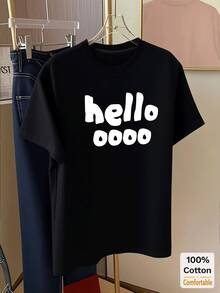 黑色英文字母印花短袖中长款T恤，时尚Hello字母图案圆领女式休闲夏季上衣 - 黑色 - 查看 2