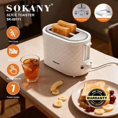  SOKANY 08111 750W High Power Household Toaster, 90s Rapid Toasting, 7 Browning Levels, Dual-Side Even Toasting, Wide Slot Design, Defrost & Reheat Function, Non-Slip Base, Removable Crumb Tray, Easy Cleaning, Ideal For Daily Breakfast, Kitchen Essential