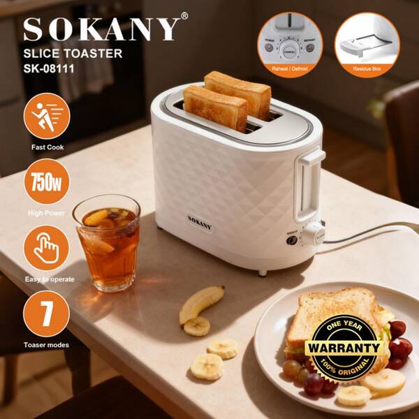  SOKANY 08111 750W High Power Household Toaster, 90s Rapid Toasting, 7 Browning Levels, Dual-Side Even Toasting, Wide Slot Design, Defrost & Reheat Function, Non-Slip Base, Removable Crumb Tray, Easy Cleaning, Ideal For Daily Breakfast, Kitchen Essential