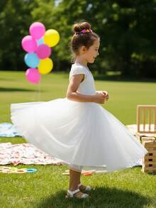 Tween Girl Lace Splice Mesh Open Back Dress, Floral Party Wedding Evening Gown - White - View 9