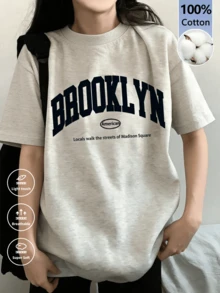 复古美式布鲁克林字母印花宽松短袖T恤，女士休闲慵懒上衣 - 淺花灰 - 查看 3