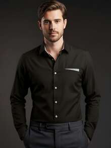 Men's Long-Sleeved Dress Shirt With Elastane - Ready To Ship - Premium Elegant Shirt For Church, Work, Office, Or Parties - 黑色 - 查看 1