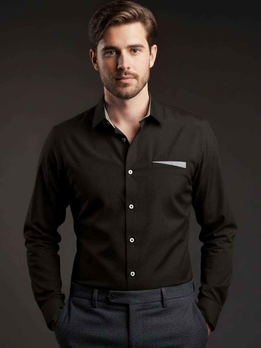Men's Long-Sleeved Dress Shirt With Elastane - Ready To Ship - Premium Elegant Shirt For Church, Work, Office, Or Parties - 黑色 - 查看 1