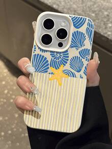 1pc Fresh Summer Seaside Shell & Starfish Striped Pattern Litchi Texture Waterproof Shockproof Anti-Slip Soft Phone Case, Suitable As Birthday/Holiday Gift For Friends, Family, Couples, Compatible With Apple/ Phone Models - Multicolor - View 4