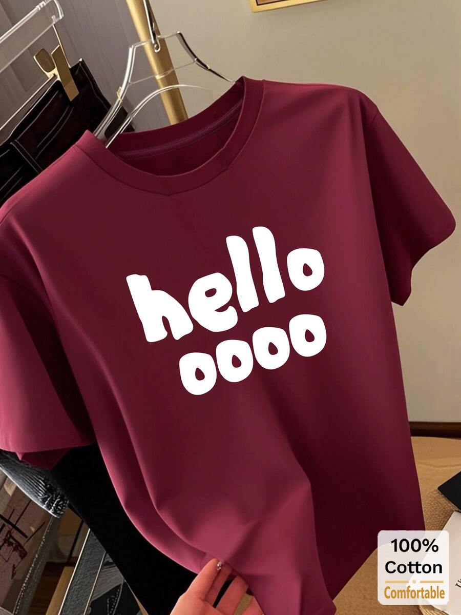 Red English Letter Print Short Sleeve Mid-Length T-Shirt, Stylish Hello Letter Graphic Round Neck Top For Women Casual Summer - Burgundy - View 1