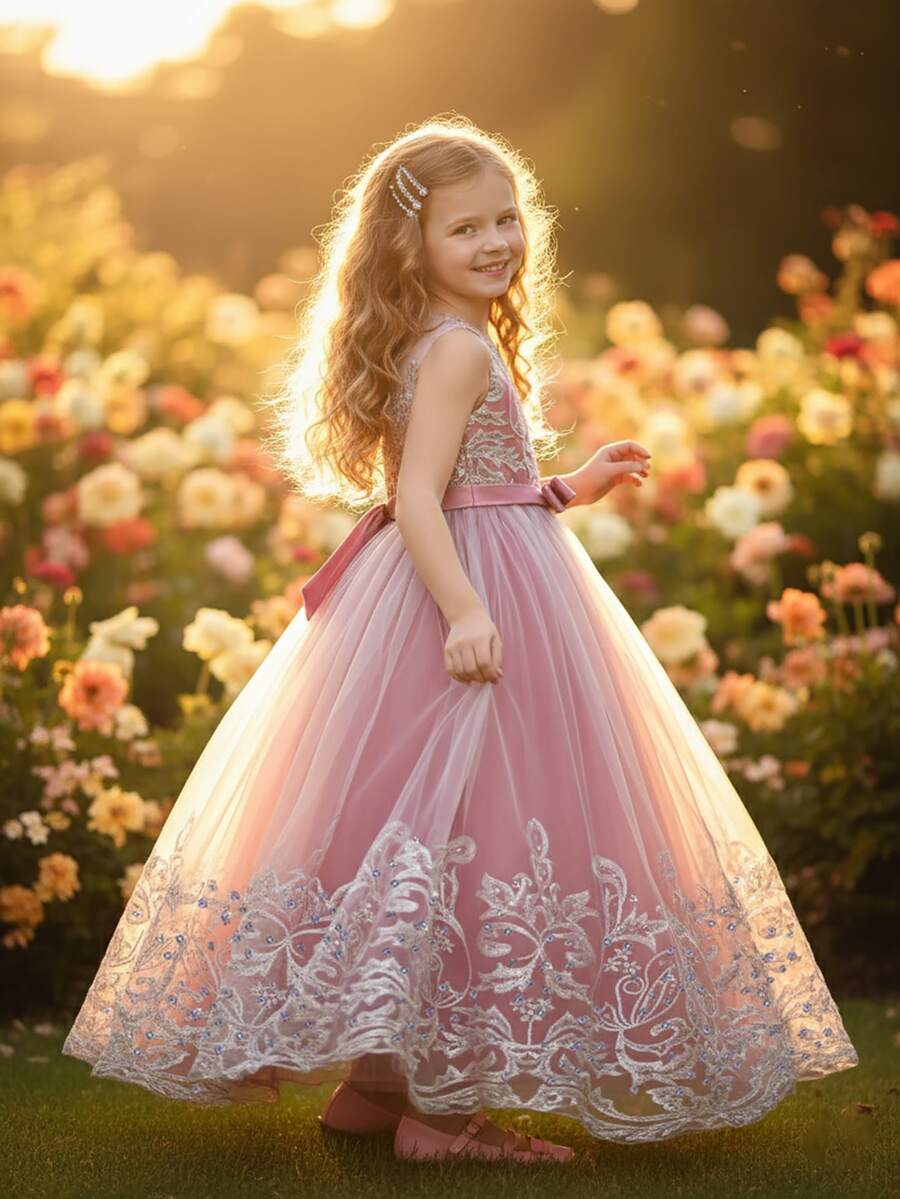 Tween Girl High-End Embroidered Sequin Sleeveless Flower Girl Wedding Dress, Puffy Birthday Wedding Party Princess Formal Gown