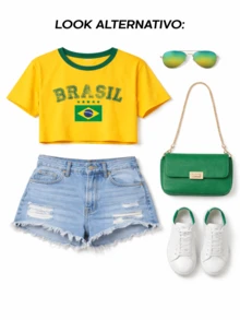 Women's Cropped Tropical Brazil Blouse, Casual Short Top, Soft Touch, Round Neck - 黃色 - 查看 3