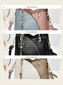 Elegant Two-Tone Color Block Shoulder Bag, Large Capacity Top Handle Satchel With Exquisite Heart Shape Metal Tassel Pendant, Women's Versatile Crossbody Bag For Daily Commute & Weekend Getaways, Ideal Valentines & Mother's Day Gift For Fashion-Loving Her Valentine's Day Wedding Valentines Valentines Gifts Mothers Day Gift Summer Art Birthday Decorations Galentines Galentines Gifts Cruise Essentials Bachelorette Party Supplies Easterr Metallic Gold Faux Leather Tote Fall - 彩色 - 查看 2